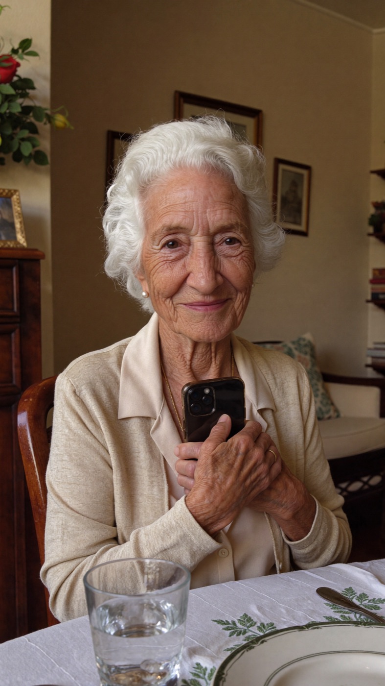 Carmen, 84 años, sonriendo con su teléfono en casa