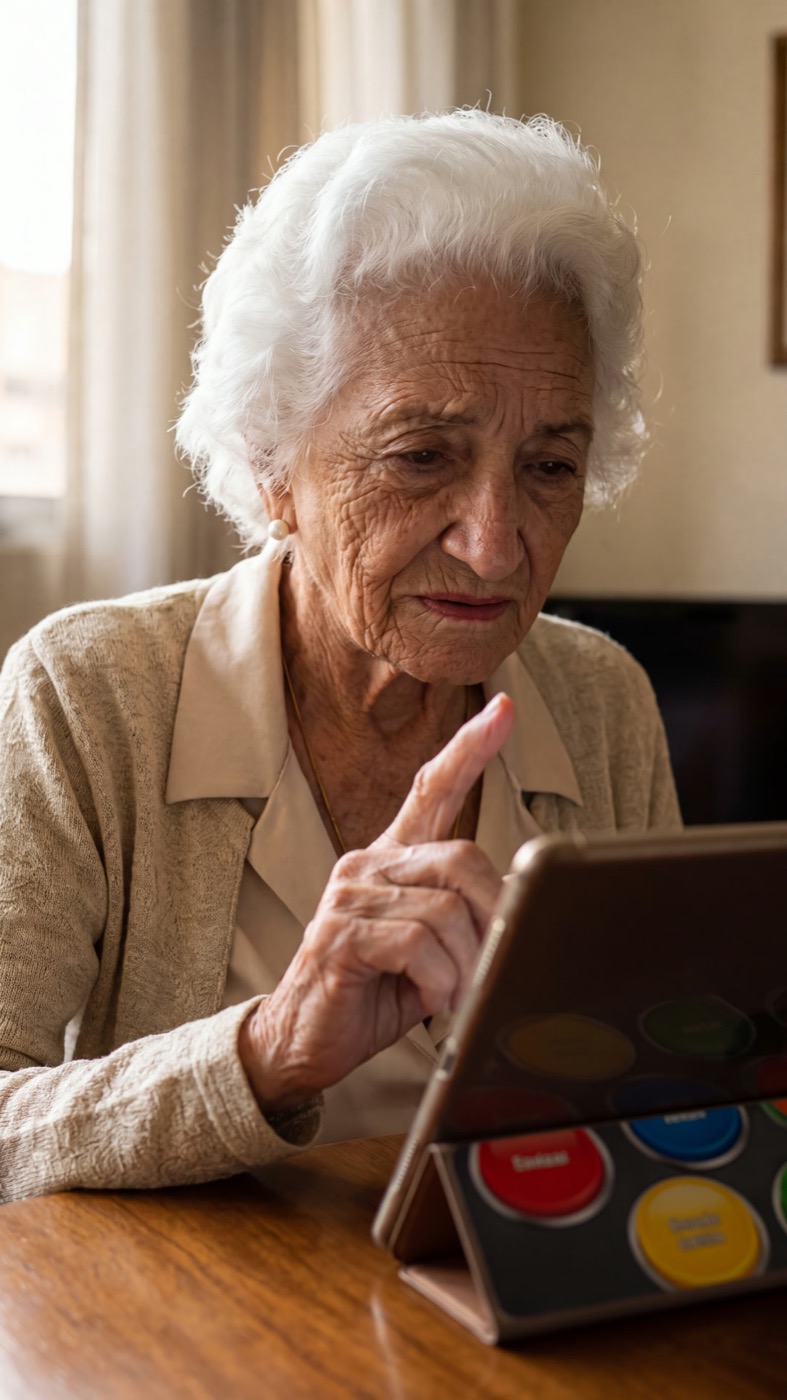 Carmen tocando un botón grande en su tablet